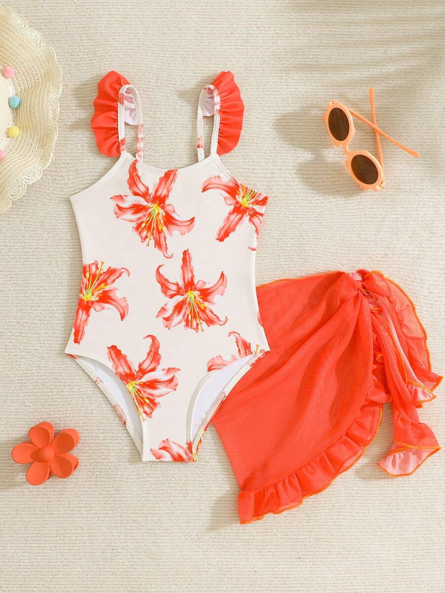 SHEIN Bộ áo tắm liền thân xếp nếp in hoa cho bé gái, kèm áo khoác ngoài và váy. - Màu Cam san hô - Xem 1