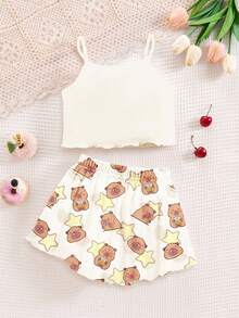 Cute Capybara Print Cream White Tween Girl Casual Slim Fit Camisole Top And Shorts Pajama Set, Suitable For Summer - Multicolor - View 3