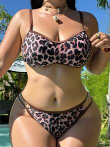 Swim SXY Plus Size Women's Summer Beach Vacation Leopard Print Backless Tie-Front Bikini Set - Multicolor - View 3