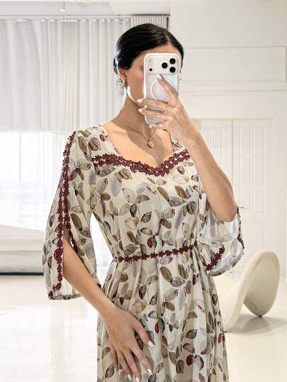 Yasmyna Women's Floral Print Split Sleeve Elegant Arabic Style Dress