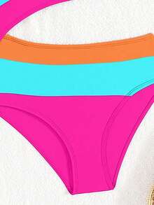 SHEIN Tween Girls' One-Piece Swimsuit Pink,Summer,Casual,Beach,Pool,Holiday Vibrant Color Block Diagonal Stripe One-Shoulder Adjustable Strap Bathing Suit - Multicolor - View 5