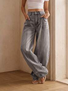 Anewsta Women's New Fashion Design Patchwork Vacation Style Grey Jeans Flare Pants Everyday Summer Casual - Grey - View 6