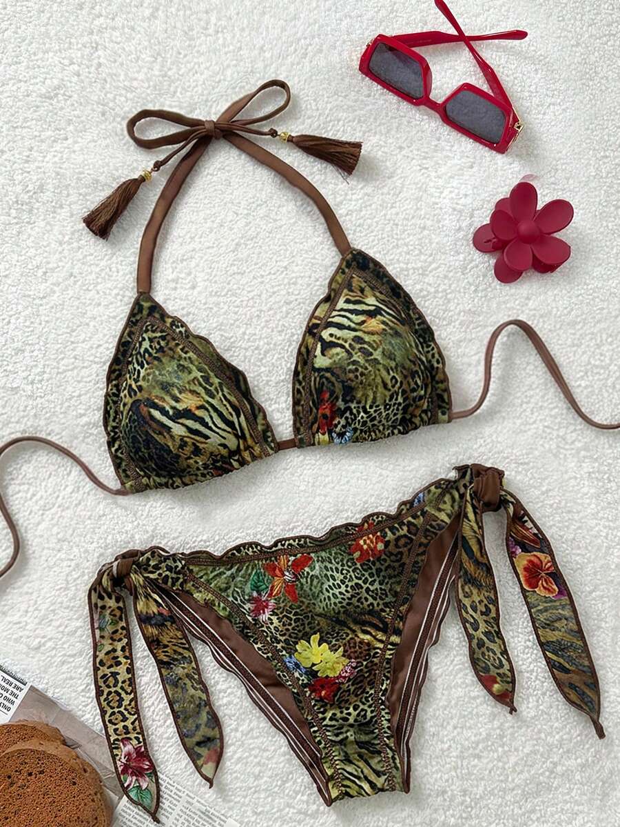 Soleia 大码女士复古彩色豹纹、斑马纹、花卉印花荷叶边系带流苏装饰沙滩比基尼套装 - 咖啡棕 - 查看 1