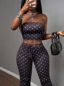 Slaydiva Women's Black And White Polka Dot 2 Piece Set,Summmer 1960s Vintage Bandeau Top & High-Waisted Flared Pant, Fitted Club Night Party Outfits - Multicolor - View 8