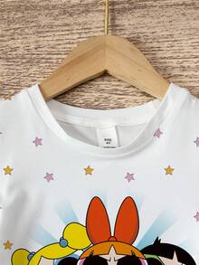 THE POWERPUFF GIRLS X SHEIN Đầm ngắn tay cổ tròn in hình ngôi sao dễ thương cho bé gái - trắng - Xem 3