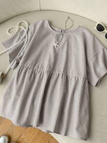 SHEIN EZwear 女士时尚圆领条纹梭织衬衫，日常百搭 - 咖啡棕 - 查看 8