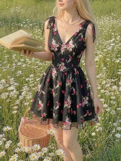 SHEIN MOD Đầm ngắn không tay cổ chữ V thêu hoa thanh lịch dành cho nữ mùa hè