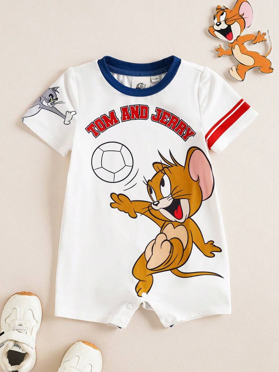 TOM & JERRY X SHEIN 2pcs/Set Baby Girl Casual Cartoon Print Round Neck Short Sleeve Romper - White - View 1