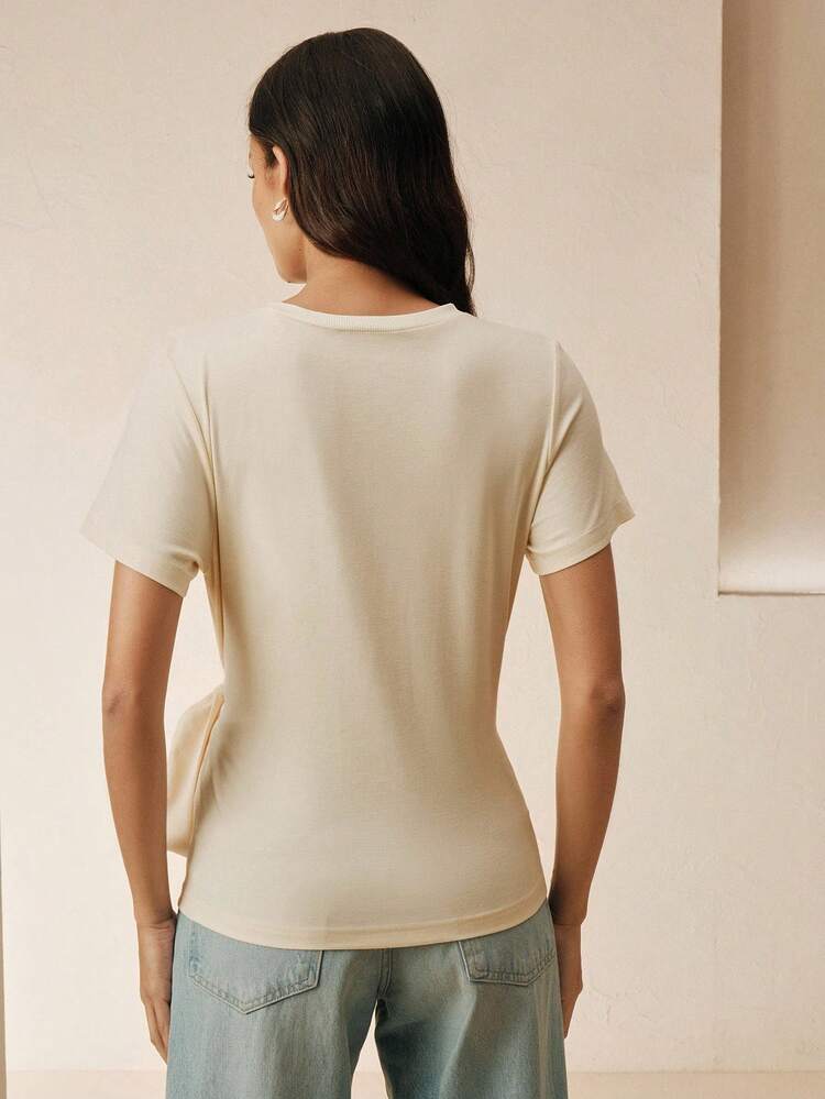 Women's Solid Color Round Neck Pleated Casual Versatile Daily Wear T-Shirt
