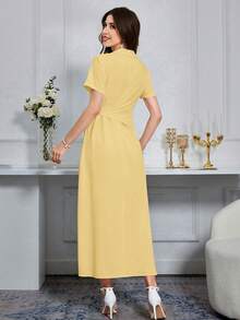 Modelyn Đầm maxi mùa hè màu trơn cổ chữ V tay ngắn cài cúc phía trước dành cho nữ. - Màu vàng - Xem 2