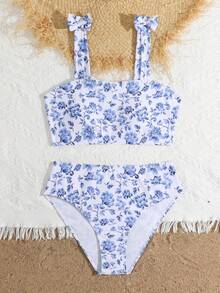 SHEIN Bộ bikini hai mảnh dễ thương dành cho thiếu nữ, chất liệu vải dệt kim in kỹ thuật số, có nơ và dây đeo, đồ bơi hai mảnh cho thiếu nữ, đồ bơi hoa văn cho thiếu nữ, bộ đồ bơi cạp cao cho thiếu nữ, đồ bơi hai mảnh mùa hè cho thiếu nữ, bikini cạp cao mùa hè cho thiếu nữ, đồ bơi hai mảnh mùa hè cho thiếu nữ, đồ bơi hai mảnh kín đáo cho thiếu nữ, bộ bikini kín đáo. - Xanh và trắng - Xem 5