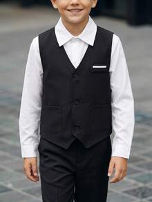 SHEIN 2pcs Kids Tween Boys' Casual Collegiate Black And White Vest Jacket & Shirt Set,Gentleman Elegant Modest Traditional Wedding Summer School Birthday - Black - View 3
