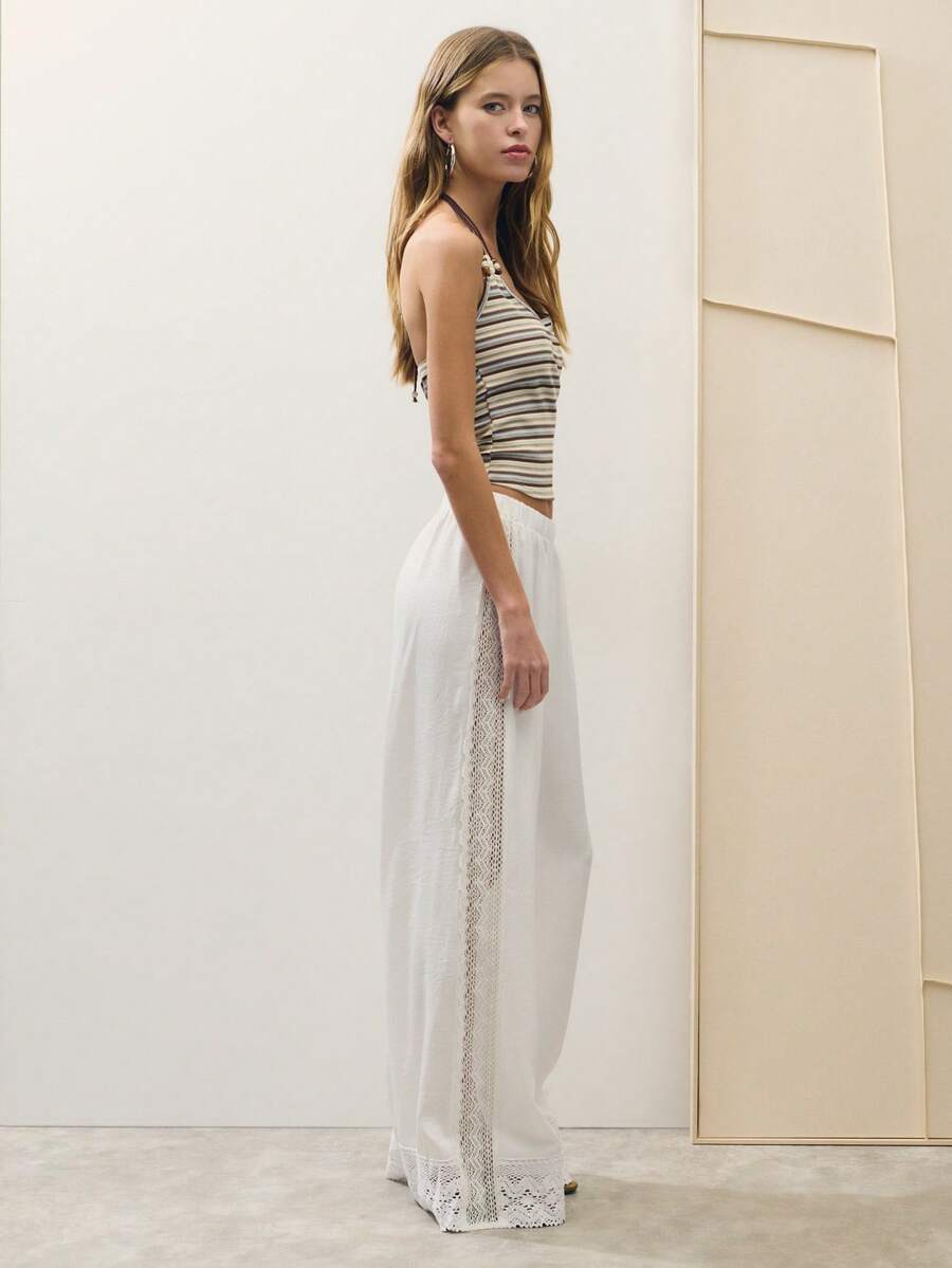Popelin Pants With Lace Trimming Detail - White - View 1