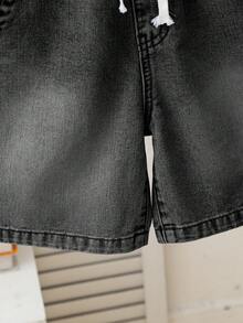 Tween Boy Gray Summer Casual City Break Elastic Waist Drawstring Washed Blue Straight Loose Fit Denim Bermuda Shorts,Suitable For Holiday,Daily Wear - Dark Grey - View 3