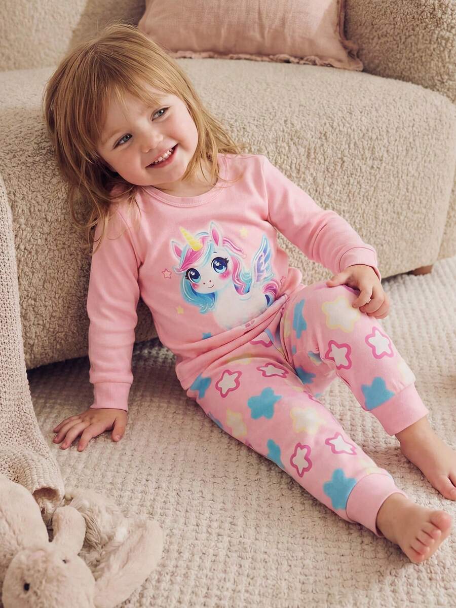Baby Girl Cartoon Unicorn Pattern Knit Soft Crew Neck Long Sleeve Top And Elastic Waist Long Pants Snug Fit 2 Pieces Pajama Set,Kids - Pink - View 1