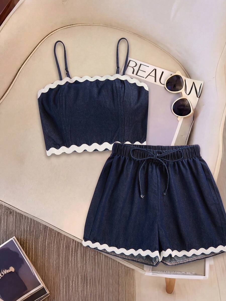 GlowEve Bộ 3 món gồm áo hai dây và quần short denim dành cho nữ, có viền ruy băng. - Rửa tối - Xem 1