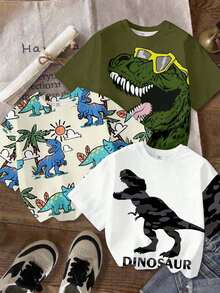 3pcs/Set Young Boy's T-Shirt Outfit, Classic Cool Brave Dinosaur Graphic Print, Suitable For Spring & Summer - Multicolor - View 3