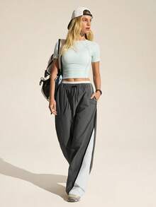 In My Nature Women's Contrast Color Drawstring Waist Pocket Wide Leg Hiking Pants - Grey - View 5