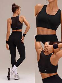 GLOWMODE FeatherFit™-Sculpt FlowFit Breathable Sweat-Wicking Stretchy Mesh Back Adjustable Crop Front Closure Sports Bra Running Workout Gym - Black - View 9
