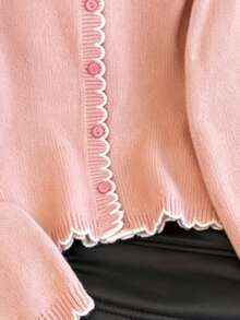 SHEIN LUNE Cárdigan con bloque de color y volantes de estilo romántico francés, adecuado para ir al trabajo - Rosado Sandía - Ver 4