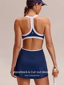 GLOWMODE FeatherFit™-Air MatchGlow Contrast Trim Side Slit Racerback Tennis Golf Dress With Built-In Shorts Pockets Foam Cups Summer - Dark Blue - View 3