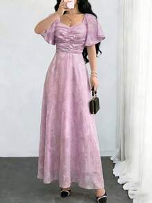 Modelyn Summer French Elegant V-Neck Ruffle Sleeve Purple Ruched Waist Dress - Purple - View 3