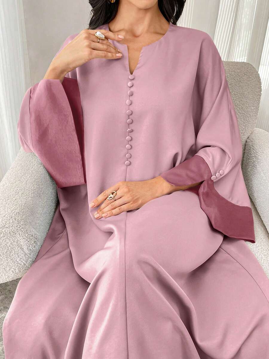 Al Najma 女士V领撞色喇叭袖阿拉伯长裙,端庄优雅,全罩式设计,适合日常休闲/度假/晚宴/婚礼宾客等场合 - 粉色 - 查看 1