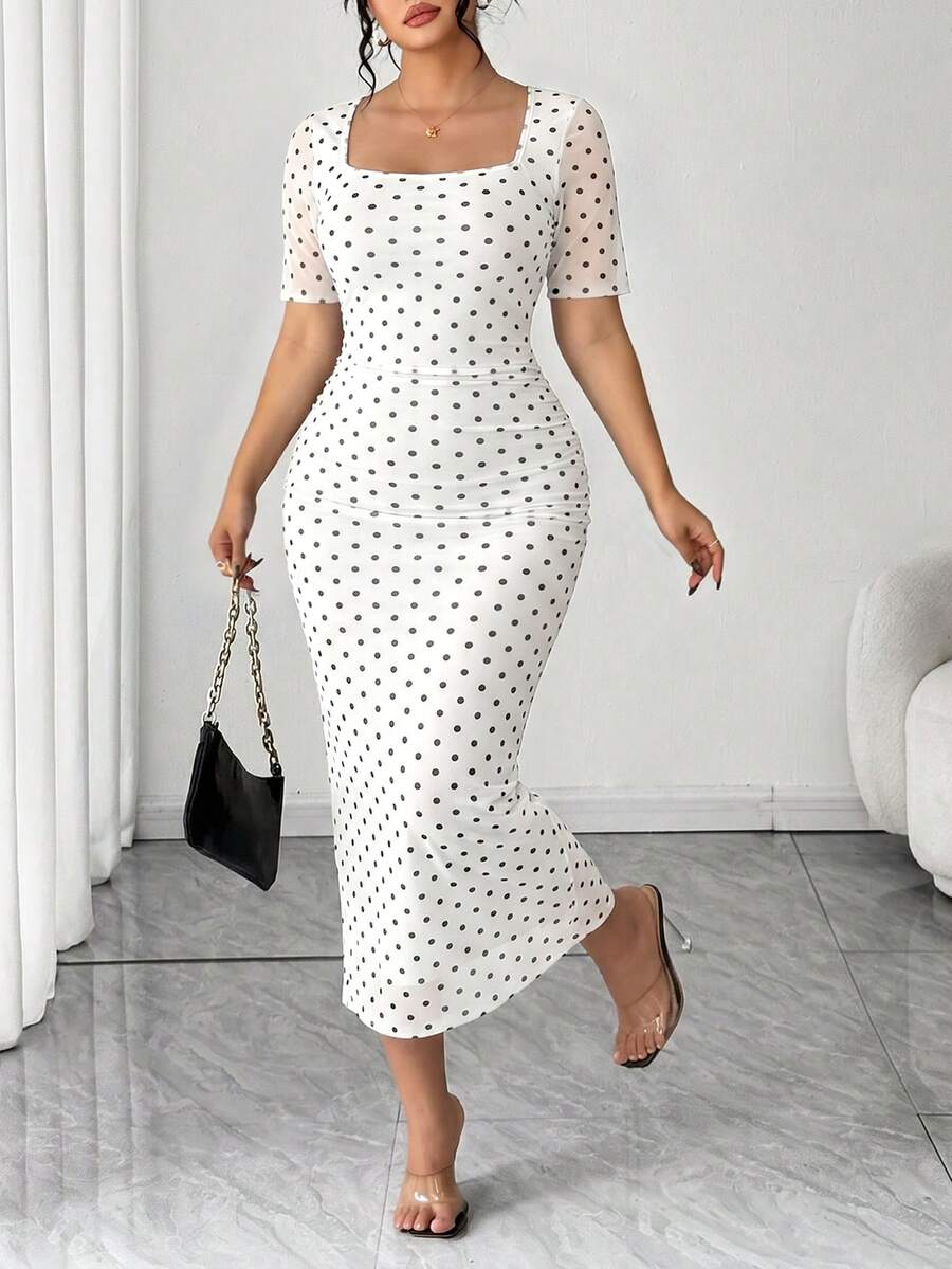 Velvienne Plus Size Leopard Print Short Sleeve Bodycon Dress, Slimming Fit Versatile Daily Wear, Spring/Summer - White - View 1