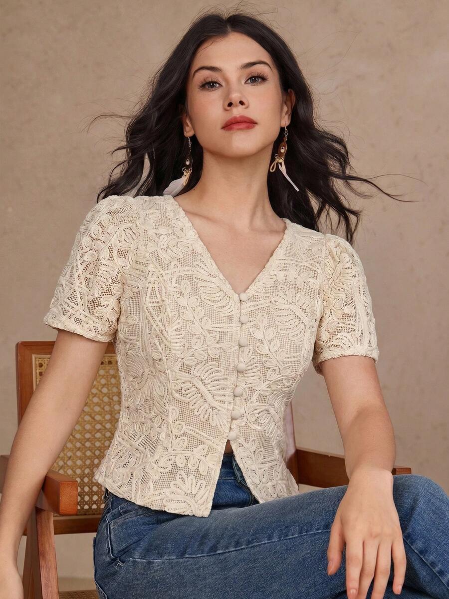 DAZY 女士夏季沙滩度假提花V领短袖露脐衬衫 - 米色 - 查看 1