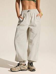 In My Nature Women's Solid Color Elastic Waist Casual Versatile Daily Wear Drawstring Pants - Apricot - View 3