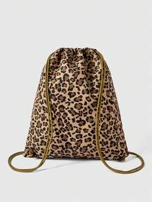 ROMWE Y2K Gothic Leopard Drawstring Backpack - Rhinestone Cross With Note Bow Pendant Zip Pocket Backpack For Campus And Street Style - Leopard print - View 5
