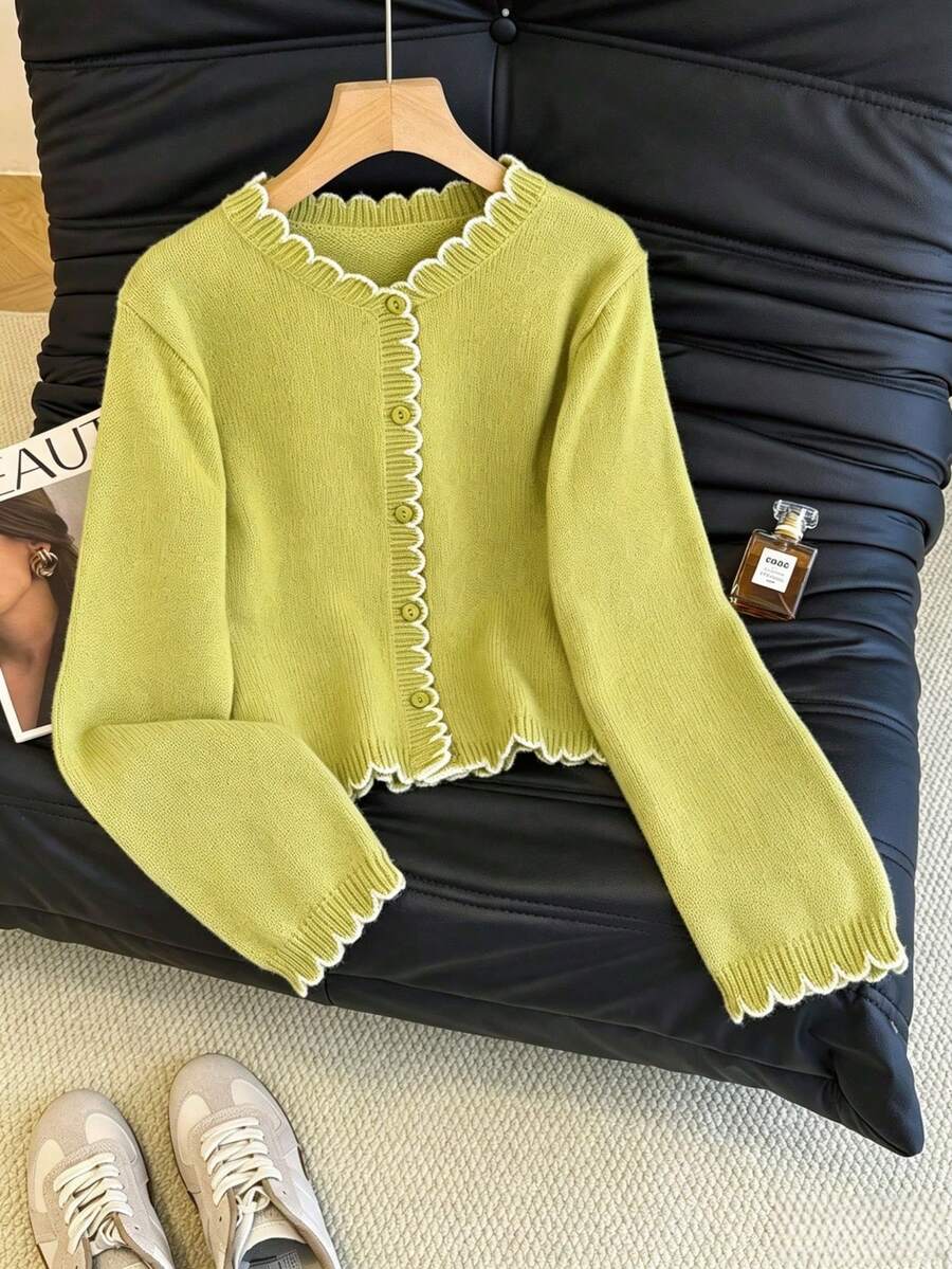 SHEIN Franclia Women's French Romantic Contrast Color Ruffle Trim Cardigan, Suitable For Commuting - Olive Green - View 1