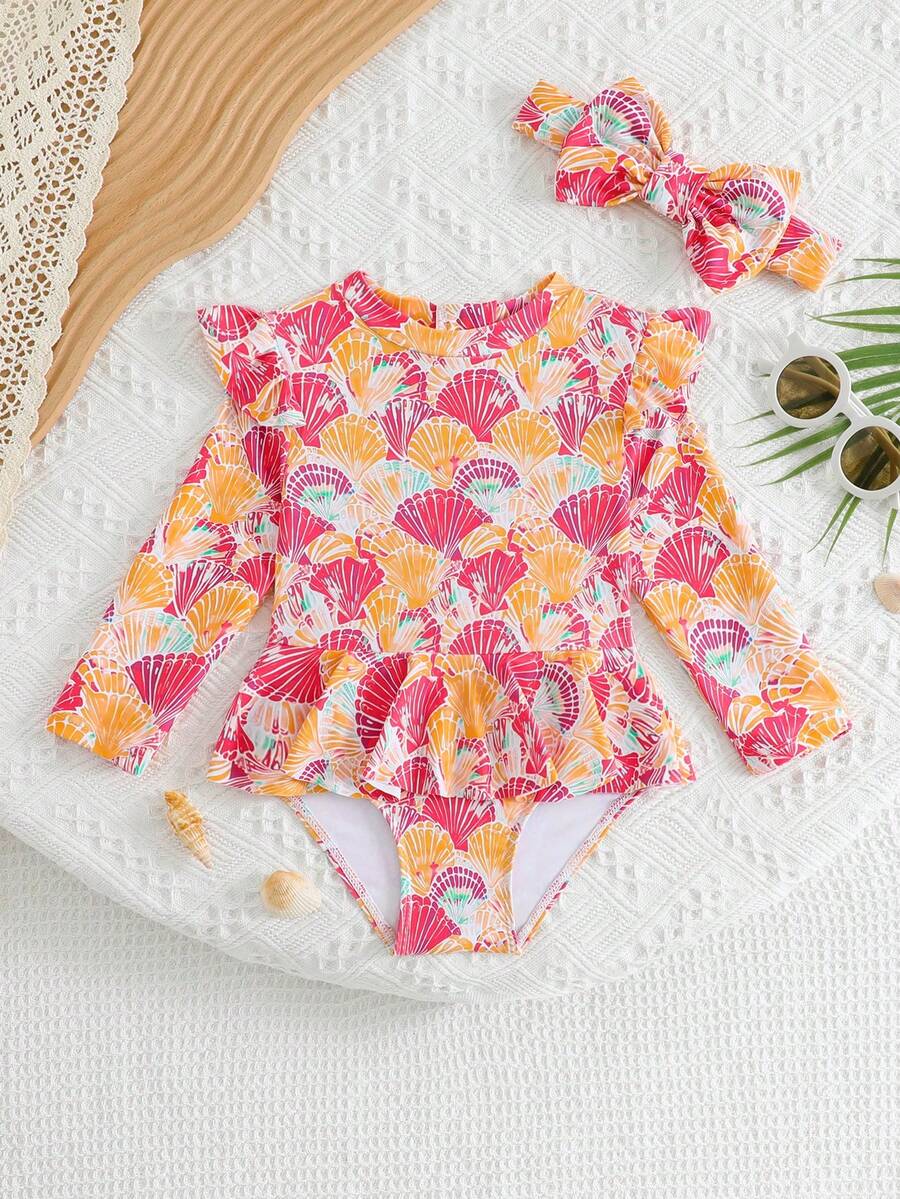 SHEIN Playful Pals Baby Girls Cute Multi-Color Shell Print One-Piece Swimsuit,Long Sleeve Zipper Ruffle Beachwear,Suitable For Swimming,Summer,Holiday,Beach,Pool Party - Burnt Orange - View 1