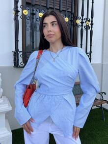 Hitanina Women's Blue And White Striped Cinched Waist Shirt, Autumn/Winter Peplum Blouse Light Blue Blouse Puff Sleeve Blouse Women Blouses Elegant Lantern Sleeve Blouse Casual Spring - Blue and White - View 5