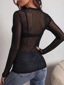 SHEIN PETITE CURVE 大码女式纯色网纱透视性感上衣 - 黑色 - 查看 2