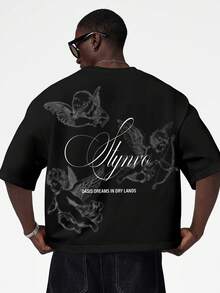 STYNVO 男士字母天使印花休閒圖案街頭風短袖T恤 日穿黑色夏季 - 黑色 - 查看 3