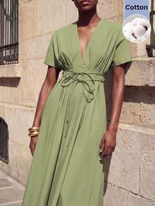 Robe longue fluide à volants smockés et motif floral d'été MAIJA - Vert - Voir 8