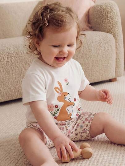 Cozy Pixies Baby Girl Cartoon Animal Print Soft Knit Crew Neck Short Sleeve Top And Elastic Waist Shorts 2-Piece Set