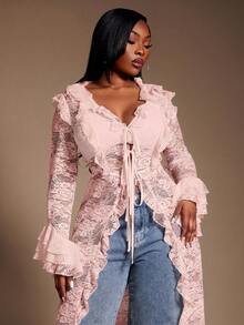 SHEIN SXY Blouse rose élégante à volants multiples en tissu de dentelle élastique et transparent pour femmes grandes tailles. Convient pour les vêtements extérieurs et les superpositions, enrichissant votre tenue. Style de rue, sortie, soirée, à la mode - Rose bonbon - Voir 1