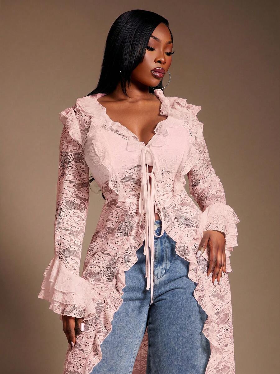 SHEIN SXY Blouse rose élégante à volants multiples en tissu de dentelle élastique et transparent pour femmes grandes tailles. Convient pour les vêtements extérieurs et les superpositions, enrichissant votre tenue. Style de rue, sortie, soirée, à la mode - Rose bonbon - Voir 1