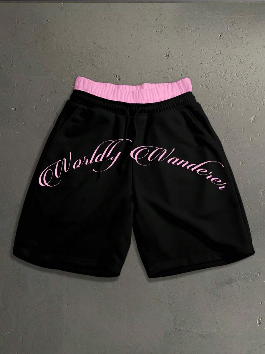 Manfinity Roghcode Men's Black Pink Handwritten Signature Curved Slogan Print Casual Loose Fit Knee-Length Shorts,Summer Streetwear Workout Fashionable Gift For Him - Black - View 1