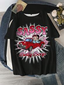 Betty Boop x SHEIN Plus Size Cartoon Letter Print Short Sleeve T-Shirt - White - View 3