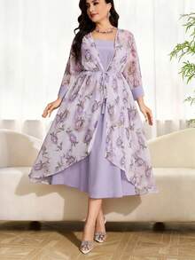 Modelyn Plus Size Women's Elegant Floral Print Tassel Belt Flare Sleeve Jacket And Spaghetti Strap Dress 2-Piece Set, Spring/Autumn Gym Brown - Multicolor - View 3