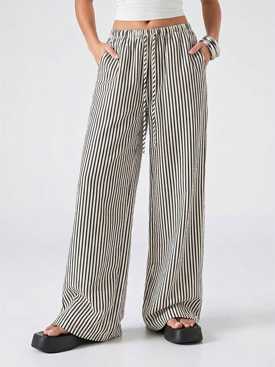 LYSMO Women's Casual Navy Blue Striped Drawstring Waist Loose Pants - Navy Blue - View 1