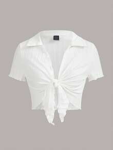 Comfortcana Maglietta a maniche corte con colletto polo e nodo frontale, in maglia a costine, taglie comode per l'estate - Bianco - Visualizzare 1