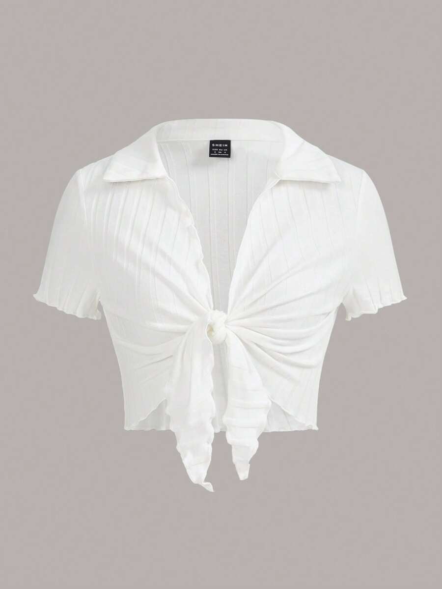Comfortcana Maglietta a maniche corte con colletto polo e nodo frontale, in maglia a costine, taglie comode per l'estate - Bianco - Visualizzare 1