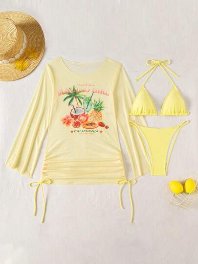 Swim Mulvari Women's Spring/Summer New 3-Piece Set: Yellow Mesh Cover-Up With Drawstring, Matching Bikini. Sexy Beach/Resort Swimsuit Set