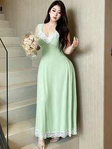 Vibekara Đầm cỡ lớn cổ kim cương, tay áo xếp ly tương phản. - Màu xanh Bạc hà - Xem 5