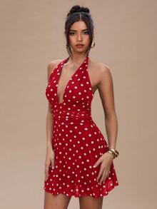 SHEIN BAE 女士波点露背迷你连衣裙 - 紅色 - 查看 5
