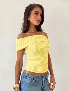 Aloruh Women's Solid Color Off-Shoulder Knit T-Shirt Top,Summer Top - Light Yellow - View 5